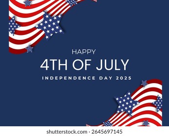 A patriotic graphic celebrating the 4th of July, Independence Day 2025, featuring a dotted map of the USA, American flag elements, and stars on a dark blue background.