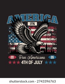 Patriotic graphic featuring an eagle American flag cityscape and holiday text