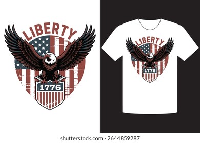 Patriotic graphic showcasing an eagle with spread wings and an American flag in the background. The design also features the word Liberty and 1776, printed on a white shirt.