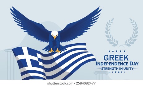 A patriotic Greek Independence Day banner featuring an eagle soaring over the Greek flag, symbolizing strength, freedom, and national pride.