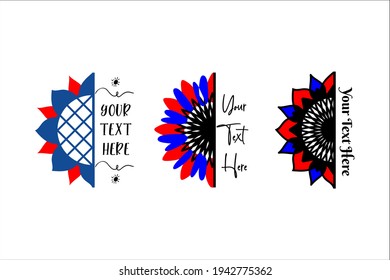 Patriotic half sunflower monogram, t shirt design, party invitation, label. Sunflower silhouette, patriotic colors summer flower. 4th of July, Independence Day greeting card. Vector illustration.