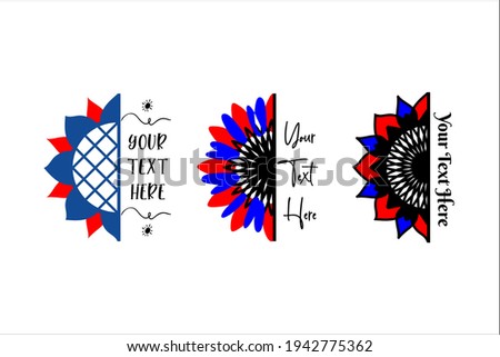 Patriotic half sunflower monogram, t shirt design, party invitation, label. Sunflower silhouette, patriotic colors summer flower. 4th of July, Independence Day greeting card. Vector illustration.