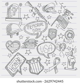 Patriotic hand-drawn doodles for Memorial Day including speech bubbles, flags, badges, dog tags, ribbons, candles, and hats. Great for tribute-themed projects and kids' education.