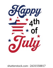 Patriotic "Happy 4th of July" Graphic Design – Red, White, and Blue Typography with American Flag Star – Independence Day Celebration Illustration.