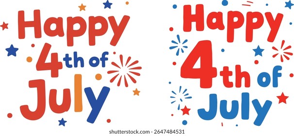 Patriotic Happy 4th of July Graphic with Red and Blue Letters, Fireworks, and Stars