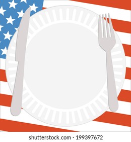 Patriotic - Happy Fourth Of July - 4th Of July -  Independence Day - Memorial Day - Barbeque Picnic Party - Barbecue Cookout Plate, Knife, And Fork Flag Vector 