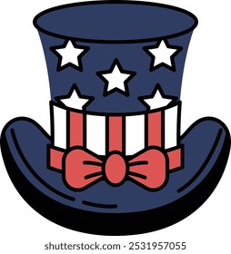 A patriotic hat with a red, white and blue bow and five stars. The hat is a symbol of the United States and is often worn during celebrations of Independence Day