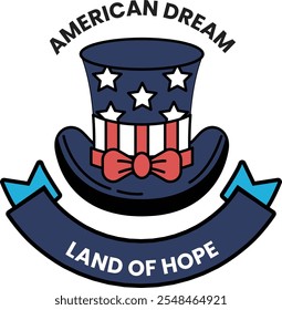 A patriotic hat with stars and stripes and the words American Dream Land of Hope