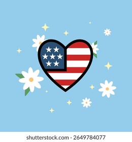 Patriotic heart featuring the American flag inside a heart shape, with white daisies, yellow sparkles on a soft blue background. 4th of July, Memorial Day, or American-themed designs.