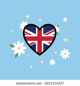 Coração patriótico com a bandeira do Reino Unido dentro de uma forma de coração, com margaridas brancas, brilhos amarelos em um fundo azul suave. Boxing Day, ou projetos com tema britânico.