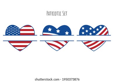 Monograma de corazón patriótico para la impresión de camisetas, cartel de fiesta, banner de decoración casera, etiqueta. Diseño de la bandera norteamericana del corazón. Monograma decorativo vectorial para celebrar el 4 de julio, Día de la Independencia.