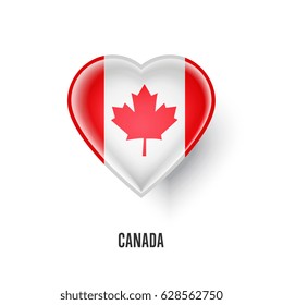 Patriotic heart symbol with Canada flag vector illustration isolated on white background. Love Canada design element or shiny logo, glossy button.