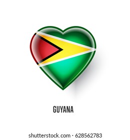 Patriotic heart symbol with Guyana flag vector illustration isolated on white background. Love Guyana design element or shiny logo, glossy button.