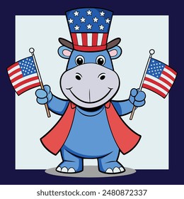 Patriotic Hippo wear top hat in colors of the American flag, holding accessory for celebrate 4th July independence day. Cute cartoon patriotic animal character.