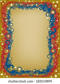 A patriotic Holiday border made up of swirls and stars.