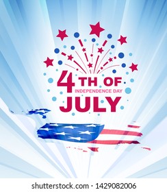 Patriotic holiday design. USA celebration on July 4th. Firework with an inscription above the map of the USA textured American flag