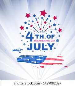 Patriotic holiday design. USA celebration on July 4th. Firework with an inscription above the map of the USA textured American flag