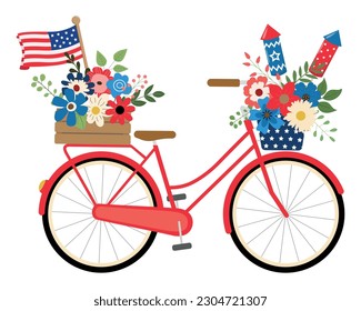 Bicicleta roja feriado patriótico con bandera estadounidense, petardos, ramos de flores ilustrando sobre fondo blanco. Aislado sobre fondo blanco. 4 de julio con temática de diseño tarjeta de vacaciones.