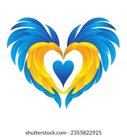 Patriotic icon with heart and wings in blue and yellow color of the flag of Ukraine on a white background. Vector clipart. Symbol of freedom and independence.