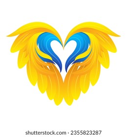 Patriotic icon with heart and wings in blue and yellow color of the flag of Ukraine on a white background. Vector clipart. Symbol of freedom and independence.