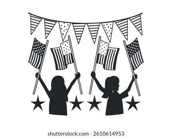 Patriotic Icons Set for Independence Day Celebrations. A collection of black and white silhouette icons representing key elements of American Independence Day celebrations.