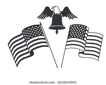 Patriotic Icons Set for Independence Day Celebrations. A collection of black and white silhouette icons representing key elements of American Independence Day celebrations.