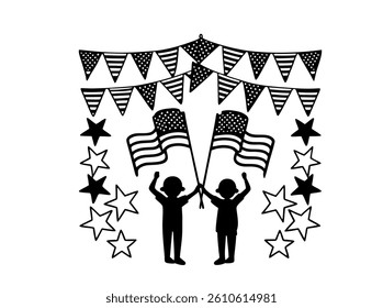 Patriotic Icons Set for Independence Day Celebrations. A collection of black and white silhouette icons representing key elements of American Independence Day celebrations.