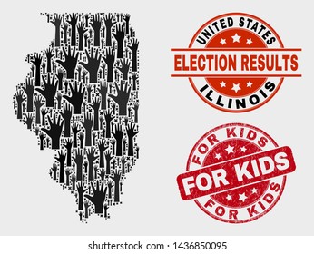 Patriotic Illinois State map and stamps. Red round For Kids scratched seal stamp. Black Illinois State map mosaic of raised up help arms. Vector composition for referendum results,