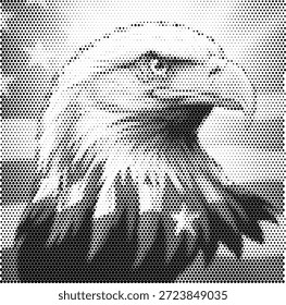 Eine patriotische Illustration eines kahlköpfigen Adlerkopfes, der über einer amerikanischen Flagge thront. Dieses kraftvolle Design ruft Nationalstolz und Freiheit hervor. Perfekt für Poster zum Unabhängigkeitstag, Veteranenunterstützungskampagnen, Regierungsembleme und politische Banner. Ideal für Projekte, die das nationale Erbe und bürgerliche Werte würdigen. Hochwertiger Vektor für scharfen Druck auf Fahnen und Banner.