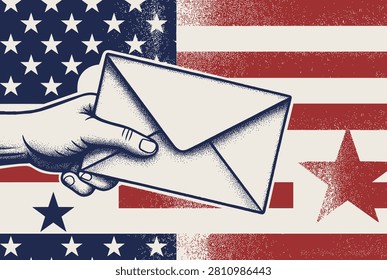 Patriotic illustration featuring a hand holding a mail envelope over a stylized stippled American flag background representing communication.