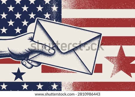 Patriotic illustration featuring a hand holding a mail envelope over a stylized stippled American flag background representing communication.