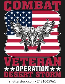 Ein patriotisches Bild eines Adlers mit zwei Kanonen und den Worten Combat Veteran Operation Desert Storm. Das Bild ist rot, weiß und blau