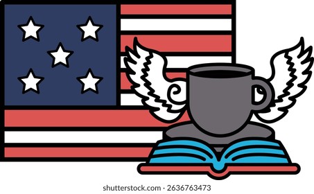 A patriotic image of the United States with a cup and a book on top of it. The cup and book represent the idea of learning and knowledge, while the stars and flag represent the country's pride