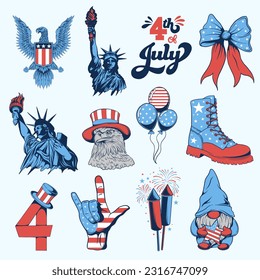 Patriotic Independence Day 4th of July Clipart Bundle, Set of 4th of July Logo Symbols Elements Isolated, Independence Day Stickers Pack