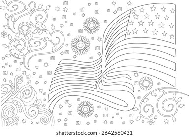 Patriotic Independence Day Coloring Page with US Flag and Floral Elements, A detailed line art illustration suitable for a coloring page, featuring a waving American flag surrounded by decorative