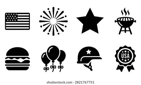Patriotic Independence Day Icon Set Featuring American Flag Fireworks Star Barbecue Grill Burger Balloons Military Helmet and USA Award Badge Isolated on White Background