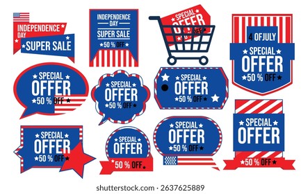 Patriotic Independence Day Sale Banners Collection Red White Blue Fourth of July Promotional Badges with Special Offer and Discount Tags for Marketing and Advertising