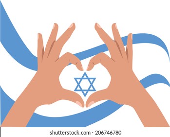 Patriotische israelische Illustration. Hände und Flagge mit Magen David