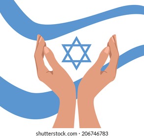 Patriotic Israeli illustration. Hands and flag with Magen David