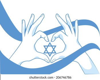 Patriotic Israeli illustration. Hands and flag with Magen David