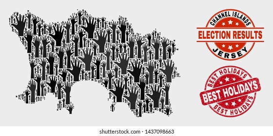 Patriotic Jersey Island map and seals. Red round Best Holidays grunge seal. Black Jersey Island map mosaic of raised up decision arms. Vector composition for ballot results, with Best Holidays seal.