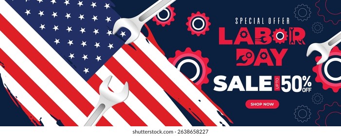 Patriotic Labor Day banner featuring American flag, wrenches, and stars in a red, white, and blue design. Perfect for promotions