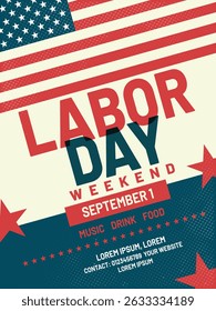 A patriotic Labor Day poster featuring bold typography, stars, and the American flag in a vintage design. Ideal for holiday promotions, educational use, and social media campaigns.