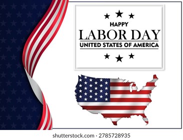 Patriotic layout showing USA map with flag pattern and wavy red white blue stripes on a clean white background, concept of national Labor Day celebration. Vector illustration