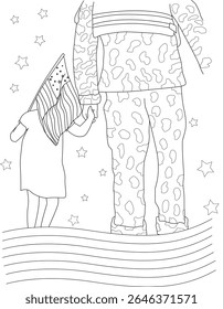Patriotic Line Art - Child and Soldier Hand-in-Hand with American Flag for Memorial Day Tribute and Remembrance.