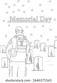 Patriotic line art drawing of a soldier honoring fallen heroes on Memorial Day, featuring a cemetery with American flags and stars.