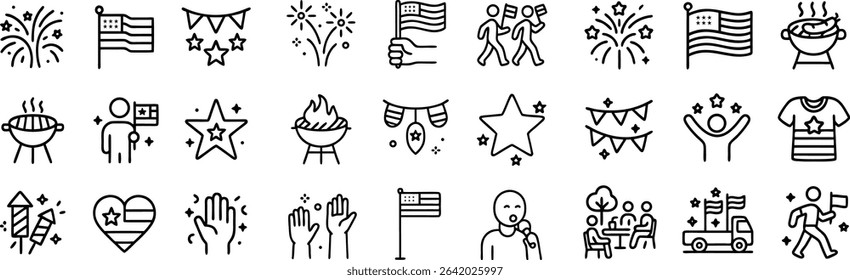 Patriotic line art vector illustration set perfect for Independence Day designs featuring scalable vector format and detailed line work ideal for graphic design projects and holiday-themed artwork.
