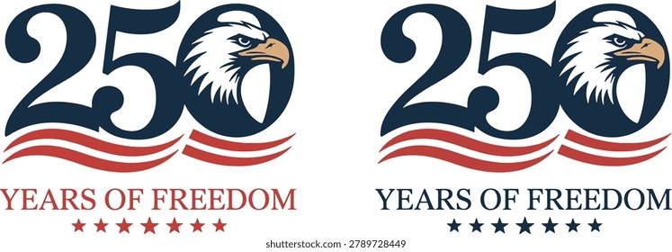 A patriotic logo featuring an eagle silhouette and 250 years of freedom on 4th July