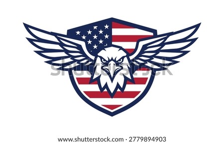 A patriotic logo featuring an eagle's head with wings spread wide, set against a shield with an American flag design