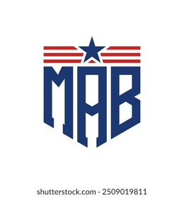 Logotipo Patriotic MAB com Correias Star e Bandeira Americana. Letra MAB Logo com Bandeira dos EUA